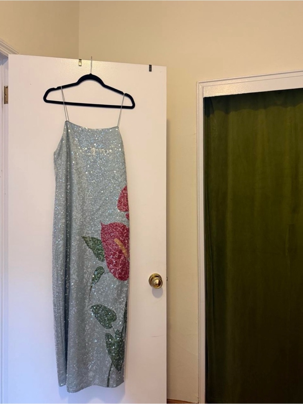 FARM Rio Silver Sequin Maxi Dress with Pink Rose